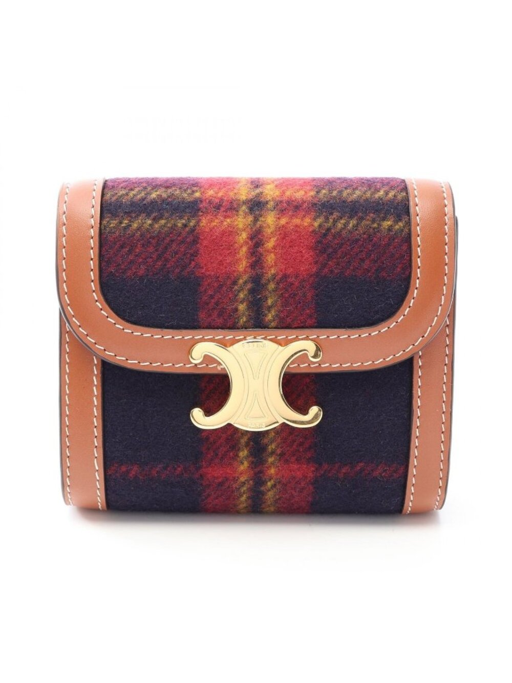 Celine Trifold Wallet Triomphe Tartan Check Small Flap Navy Brown Wool Leather